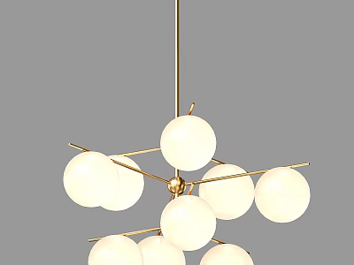 Modern Hanging Chandelier With Golden Metal Structure And White Spherical Shades 3d model