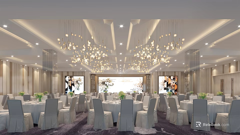 Elegant Banquet Hall Interior With Chandeliers Dining Tables And Floral Decorations 3d model 