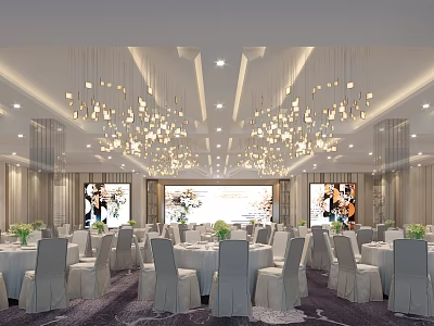 Elegant Banquet Hall Interior With Chandeliers Dining Tables And Floral Decorations 3d model