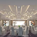 Elegant Banquet Hall Interior With Chandeliers Dining Tables And Floral Decorations