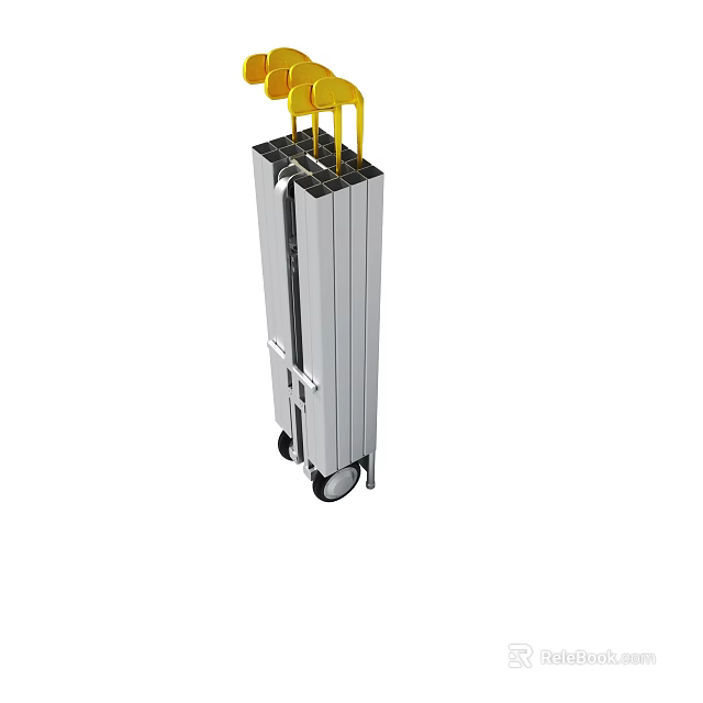 Silver Metal Transport Cart With Yellow Handle And Rolling Wheels 3d model 