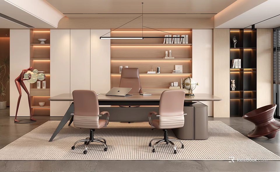 Modern Office Interior Design With Desk Chairs Bookshelves Hanging Light And Decorative Items 3d model 