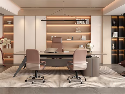 Modern Office Interior Design With Desk Chairs Bookshelves Hanging Light And Decorative Items 3d model