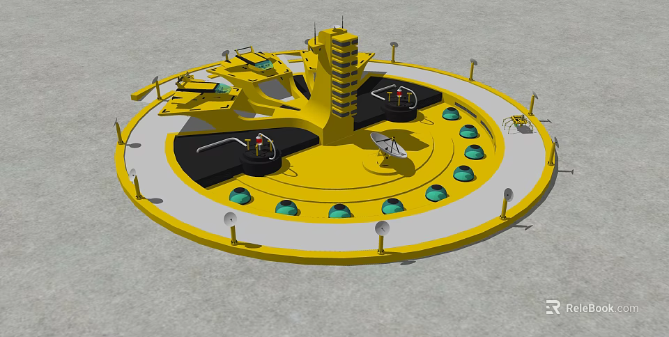 Yellow Circular Outdoor Playground Amusement Equipment With Central Tower Green Components And Black Platforms 3d model 