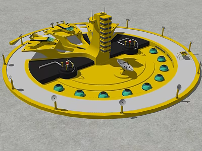 Yellow Circular Outdoor Playground Amusement Equipment With Central Tower Green Components And Black Platforms 3d model