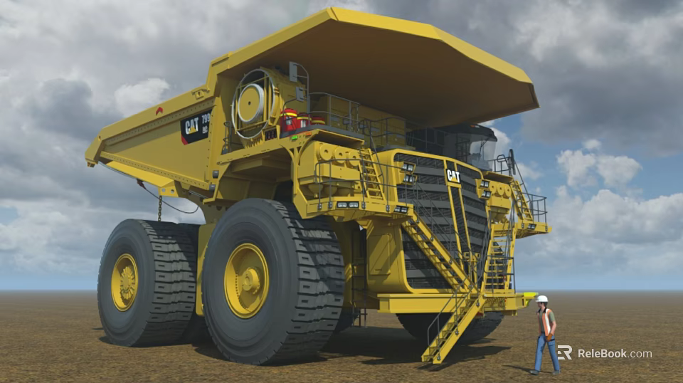 Large Yellow CAT Mining Dump Truck with Big Wheels and Worker at Mining Site 3d model 