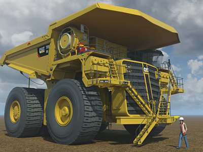 Large Yellow CAT Mining Dump Truck with Big Wheels and Worker at Mining Site 3d model