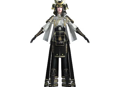 Game Movie Character In White And Black Outfit With Golden Armor Elements And Long Robe 3d model