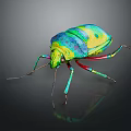 Vibrant Colored Flying Insect With Shiny Iridescent Body On Dark Reflective Background