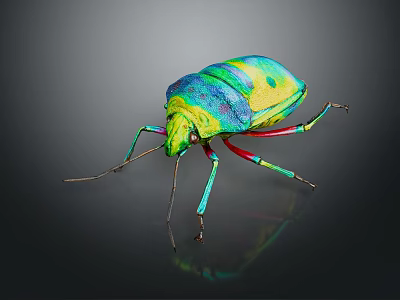 Vibrant Colored Flying Insect With Shiny Iridescent Body On Dark Reflective Background 3d model