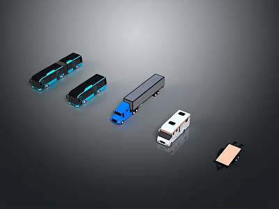 Modern Bus With Blue Accent Lights And Streamlined Design Among Other Vehicles 3d model