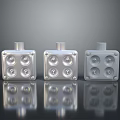 Three Silver Square Metal Components Featuring Four Circular Holes Each Standing On Reflective Surface 3d model