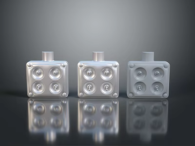 Three Silver Square Metal Components Featuring Four Circular Holes Each Standing On Reflective Surface 3d model