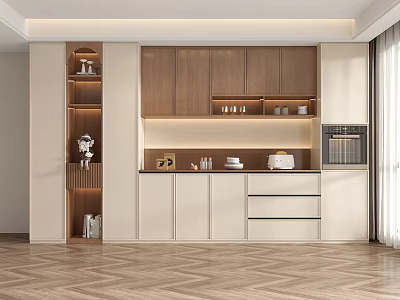 Modern Wooden Wine Cabinet With Glass Doors And Storage Shelves In Kitchen Interior 3d model
