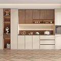 Modern Wooden Wine Cabinet With Glass Doors And Storage Shelves In Kitchen Interior