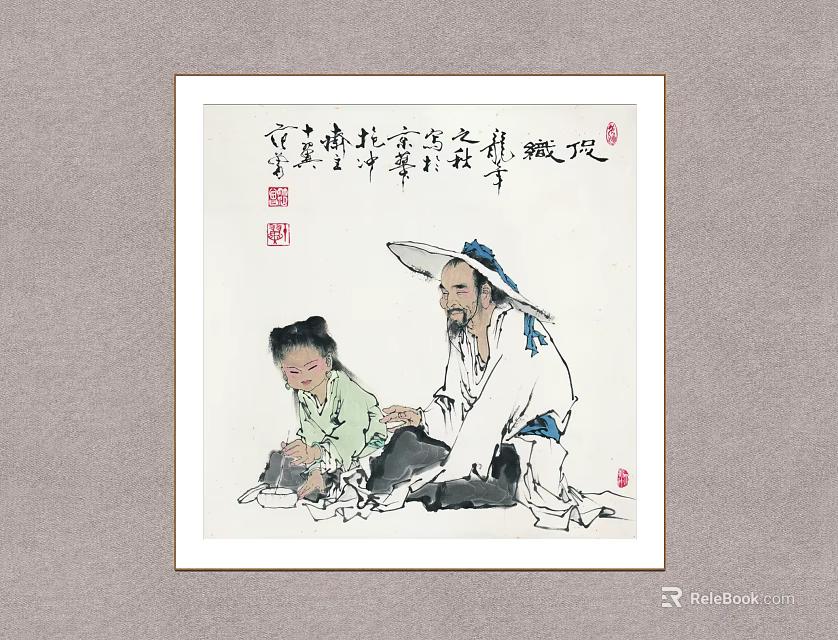 Traditional Chinese Brush Ink Figure Painting Depicting Elder With Child And Calligraphy Seal 3d model 