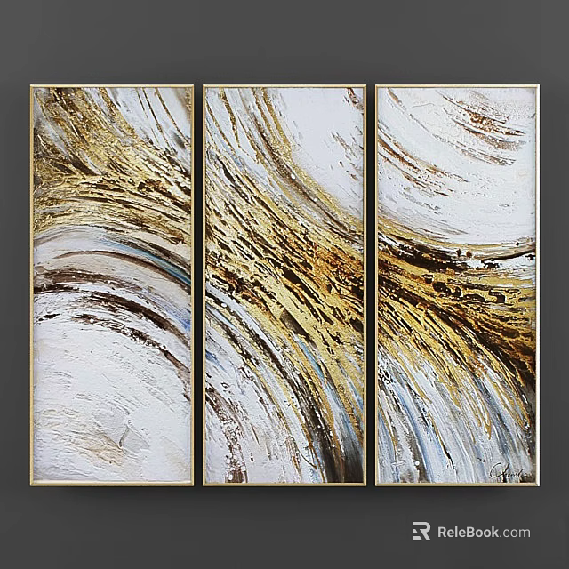 Framed Abstract Triptych Wall Art With Gold White Brush Strokes For Home Decor 3d model 
