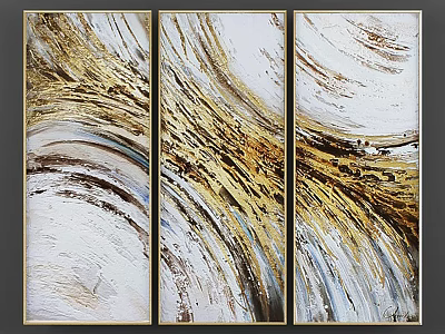 Framed Abstract Triptych Wall Art With Gold White Brush Strokes For Home Decor 3d model