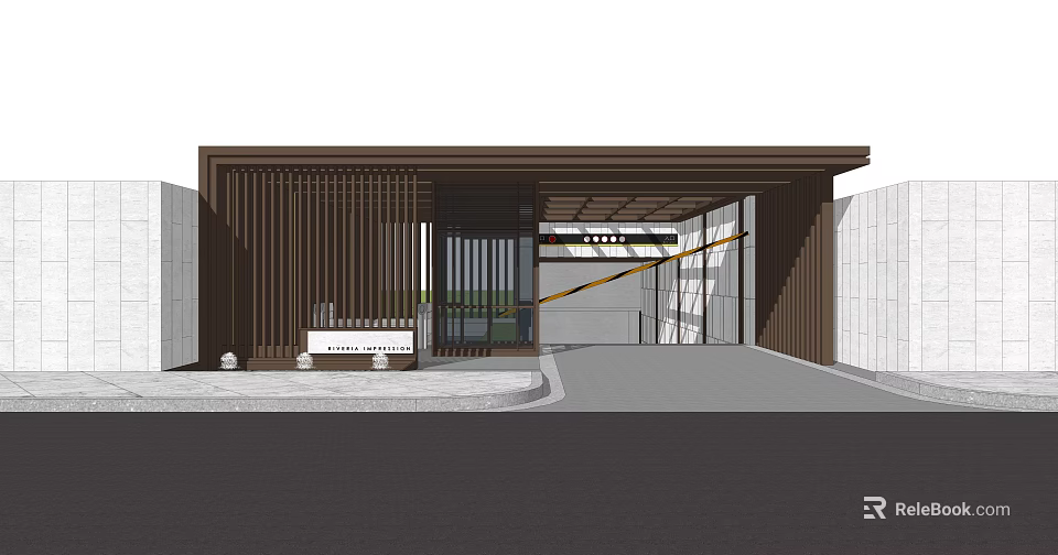 Modern Entrance Gate Design With Wooden Slats Glass Door And White Wall 3d model 