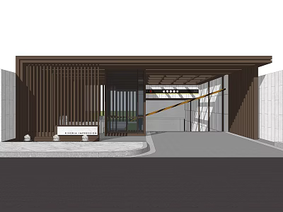 Modern Entrance Gate Design With Wooden Slats Glass Door And White Wall 3d model