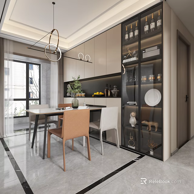 Elegant Modern Dining Living Room Interior With Dining Table Chairs Chandelier And Wine Cabinet 3d model 