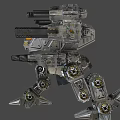 Futuristic Battle Mech With Armored Body Multiple Cannons And Glowing Yellow Red Lights