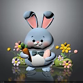 Blue Rabbit with Pink Ears holding Carrot and Egg surrounded by Colorful Flowers