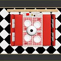 Red Booth Sofas Square Dining Table Black White Checkered Floor Wooden Screen Pendant Light Furniture