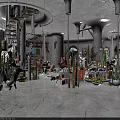 Eclectic Indoor Scene With Spiral Staircase Hanging Lamps Warm Lighting And Decorative Artifacts