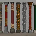 Various Decorative Columns With Intricate Carvings Dragon Patterns And Colorful Finishes