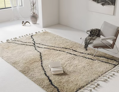 Square Beige Rug With Black Lines and Tassels in Bright Room With Chair and Blanket 3d model