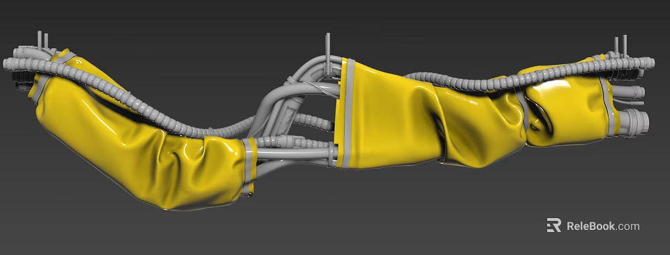 Detailed Industrial Mechanical Structure With Yellow Protective Covers And Gray Pipes 3d model 
