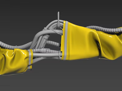 Detailed Industrial Mechanical Structure With Yellow Protective Covers And Gray Pipes 3d model
