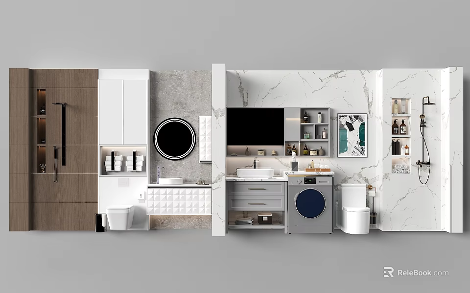 Modern Bathroom Vanity Interior Design With Marble Backsplash Round Mirror And Storage Cabinets 3d model