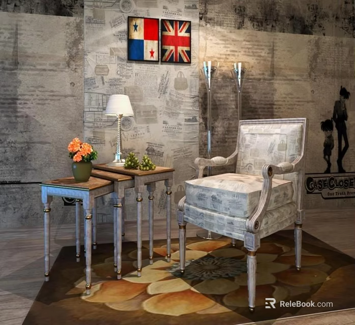 Vintage Single Sofa with Side Tables Lamp and Floral Vase in Retro Room Decor 3d model 