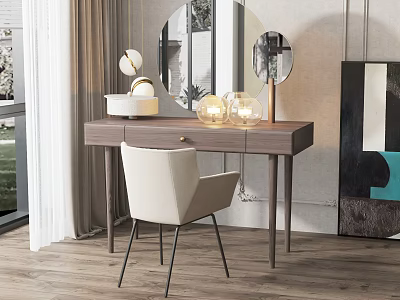 Modern Vanity Table Interior With Round Mirror Glass Vases And Wooden Chair 3d model