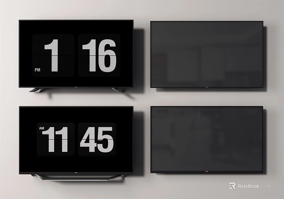 Modern Flat Screen TVs Featuring Digital Time Display And Black Screen Modes 3d model