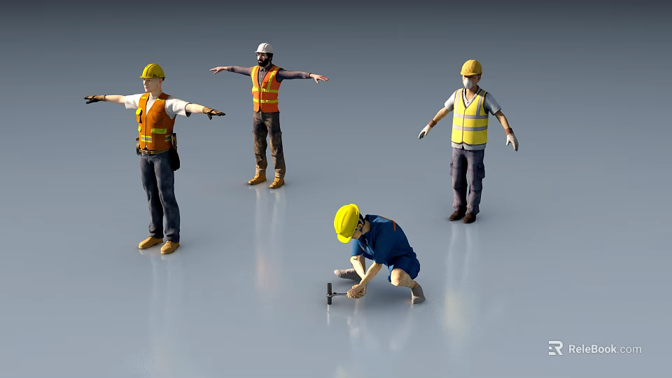 Construction Workers In Safety Helmets And Reflective Vests Working On Construction Site 3d model 