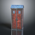 Red Small House Shaped Cabinet With Blue Roof Double Doors And Windows