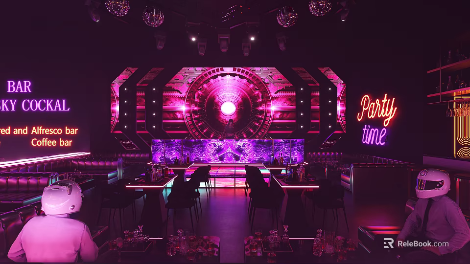 Modern Bar Interior With Purple Neon Lights Bar Counter High Stools Party Time Signage 3d model 