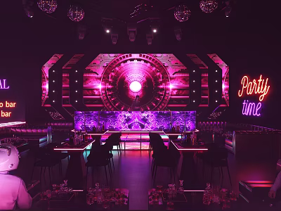 Modern Bar Interior With Purple Neon Lights Bar Counter High Stools Party Time Signage 3d model