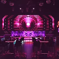 Modern Bar Interior With Purple Neon Lights Bar Counter High Stools Party Time Signage