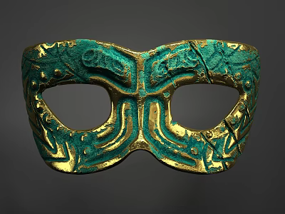 Ancient Bronze Mask With Green And Gold Intricate Decorative Patterns 3d model
