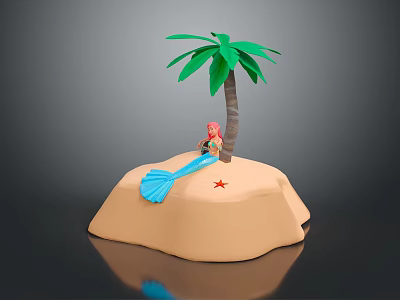 Small Island Scene With Palm Tree Red Haired Figure Blue Tail And Red Star 3d model