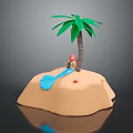 Small Island Scene With Palm Tree Red Haired Figure Blue Tail And Red Star