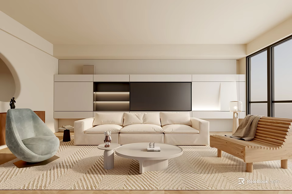 Modern Elegant Living Room Interior With Beige Sofa Round Coffee Table And Light Gray Rug 3d model 