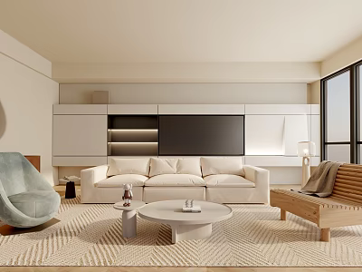 Modern Elegant Living Room Interior With Beige Sofa Round Coffee Table And Light Gray Rug 3d model