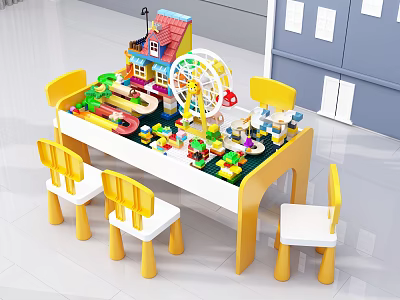 Colorful Kids Play Table with Yellow Chairs Lego Blocks Toy House and Ferris Wheel 3d model