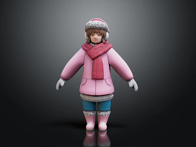 Woman In Pink Coat Red Scarf Fur Trimmed Hat White Gloves and Pink Boots 3d model