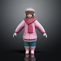 Woman In Pink Coat Red Scarf Fur Trimmed Hat White Gloves and Pink Boots